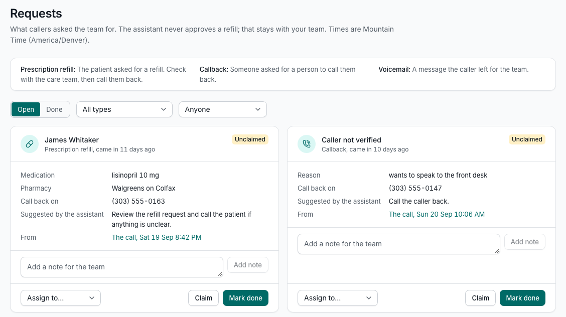 The Attendra request queue: refills and callbacks waiting for a person, with claim and done